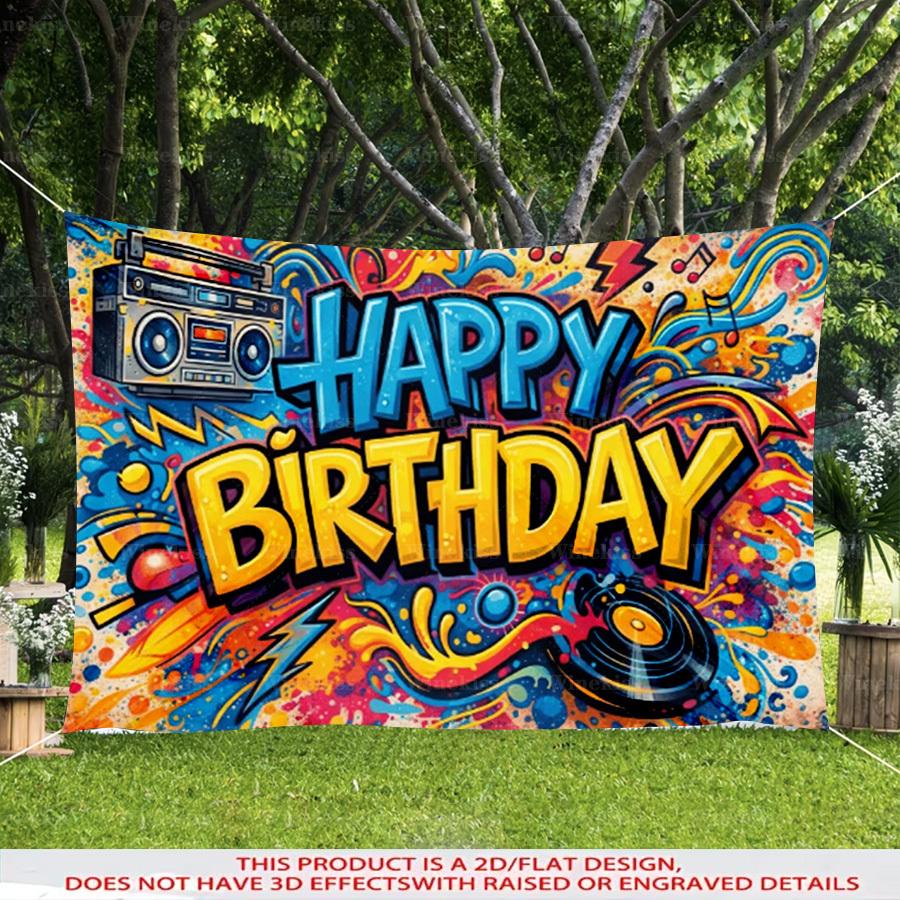 1pc 2D Flat Graffiti Happy Birthday Banner Vintage Music Theme Decor Indoor Outdoor Backdrop Garden Patio Birthday Celebration Party Decor
