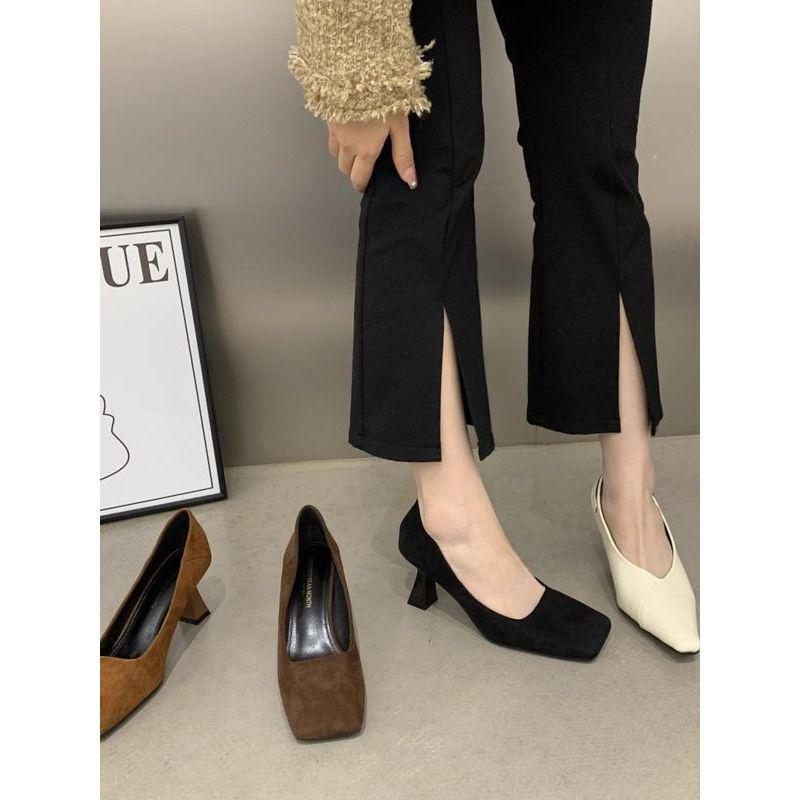 2025 Spring New Square Head Thick Heel Professional Versatile Commuter Middle Heel Single Shoe Temperament Black Suede High Heels Women