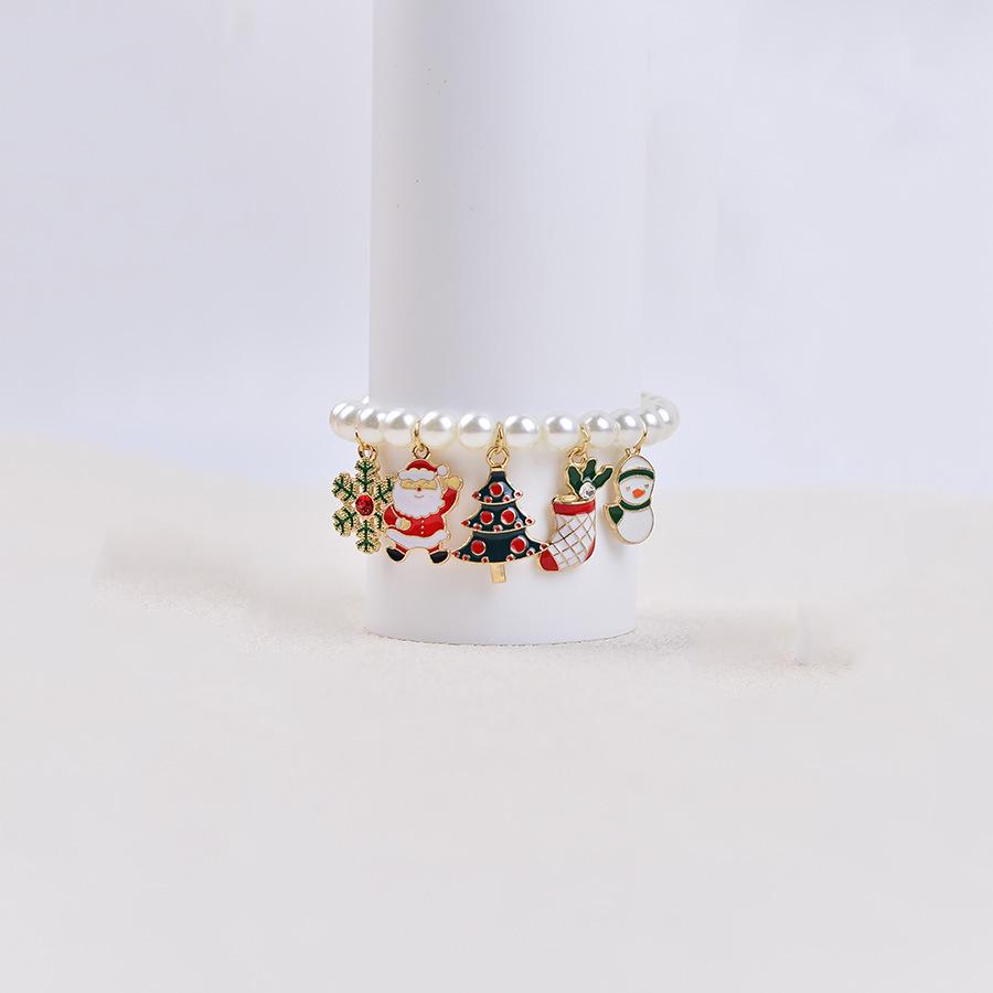 Cross-Border Cartoon Christmas Faux Pearl Reindeer and Snowman Elastic Beaded Bracelet with Bow Gift