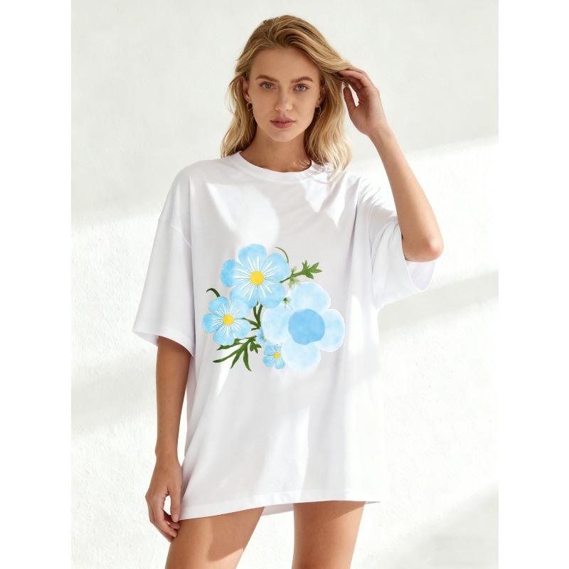 Black Oversized T Shirt With Blue Floral Print For Casual Wear