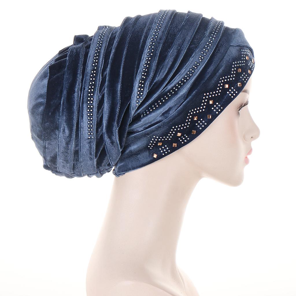 Glitter Diamonds Pleated Turban Caps for Women Soft Velvet Head Wraps Caps Muslim Headscarf Bonnet Female Beanie Pullover Cap
