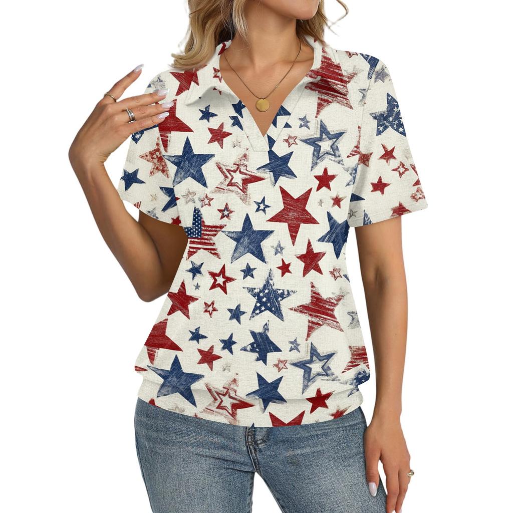 Women's Casual Short Sleeve V Neck Top with Independence Day Print Relaxed Fit Lightweight Blouse for Everyday Wear