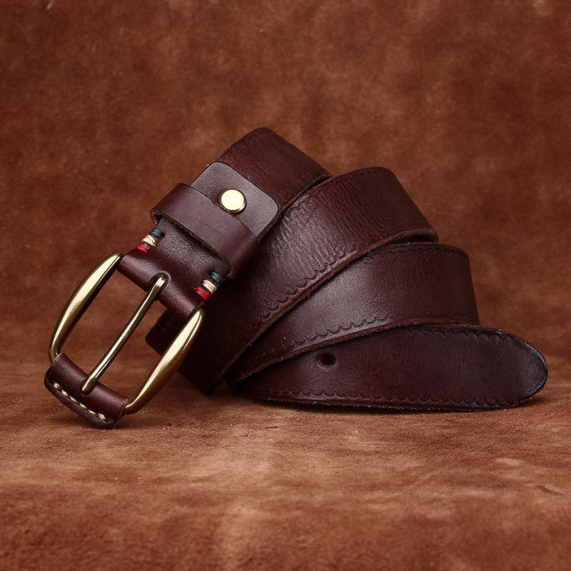Retro Fashion Trend Versatile Copper Buckle Genuine Leather Belt Men'S First Layer Cowhide Old Pleated Jeans Belt Men'S