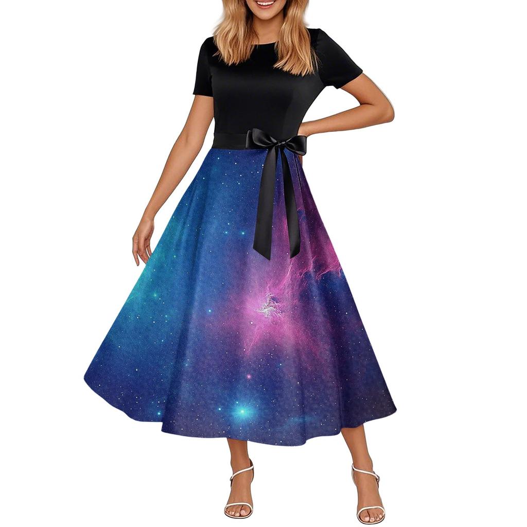 Retro Print Flare Dress For Women Casual Short Sleeve Round Neck Vintage Dress