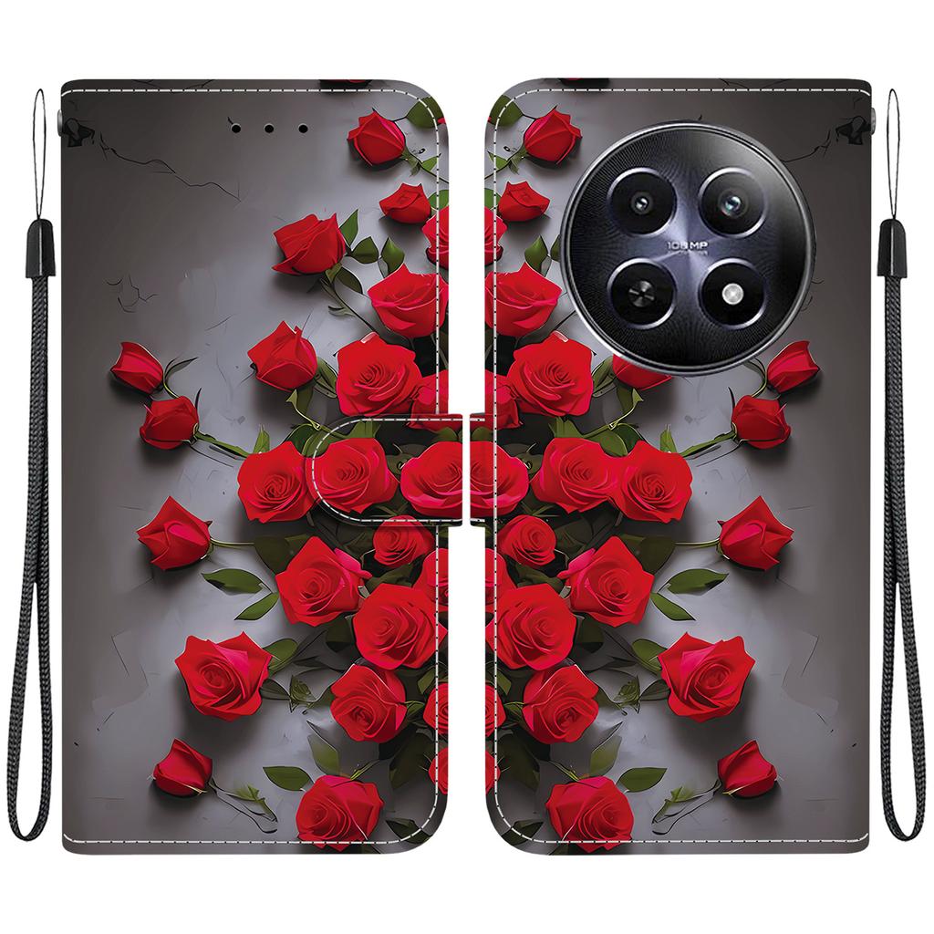 Handmade PU Leather Flip Case for Realme 12 (5G/RMX3999) Anti-Slip Shockproof Cover with Wrist Strap & Heart/Rose Cat Designs