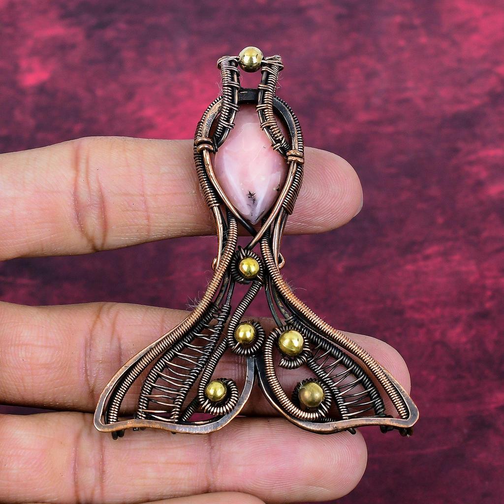 Pink Opal Gemstone Pendant Handmade Fish Jewelry Copper Wire Wrapped Pendant