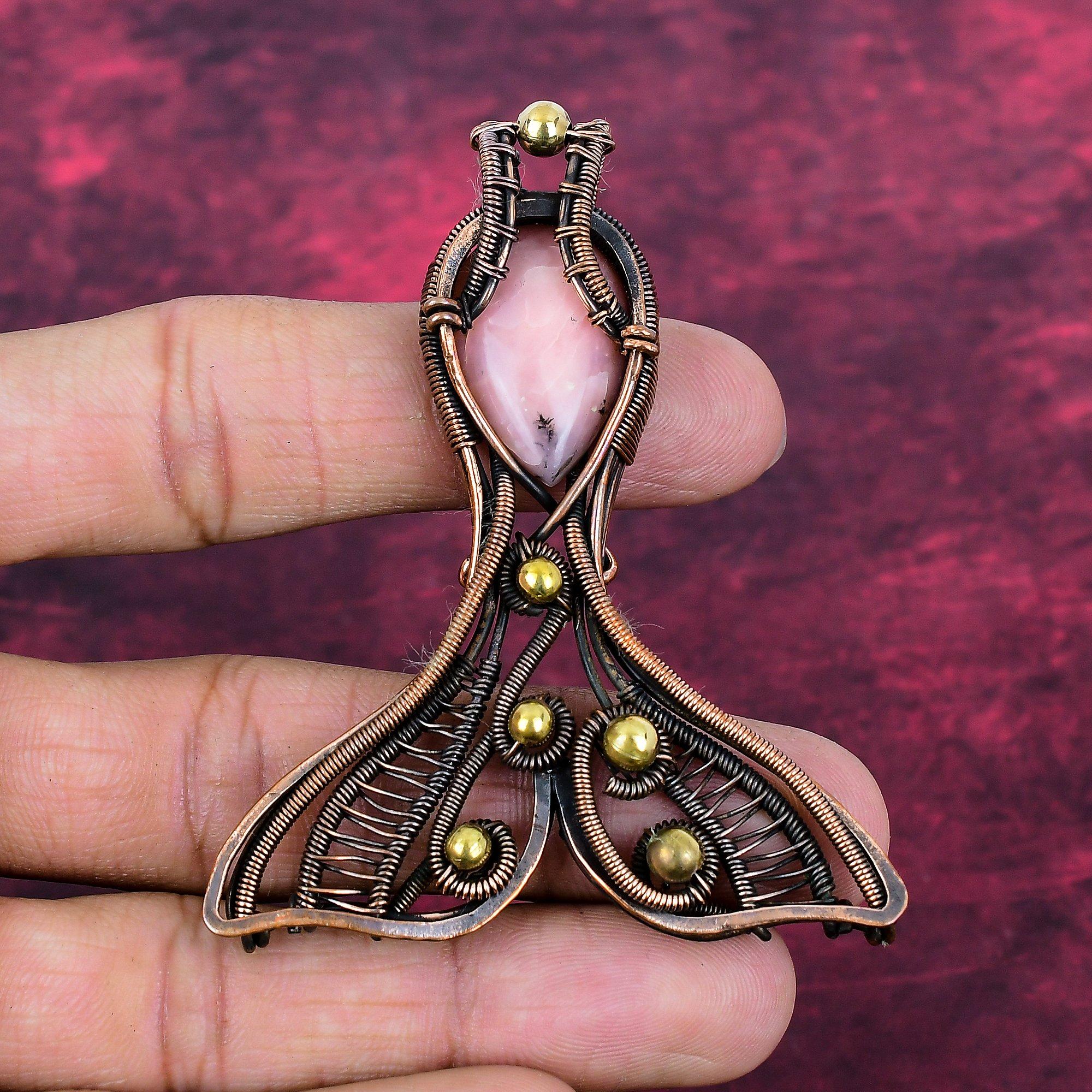 Pink Opal Gemstone Pendant Handmade Fish Jewelry Copper Wire Wrapped Pendant