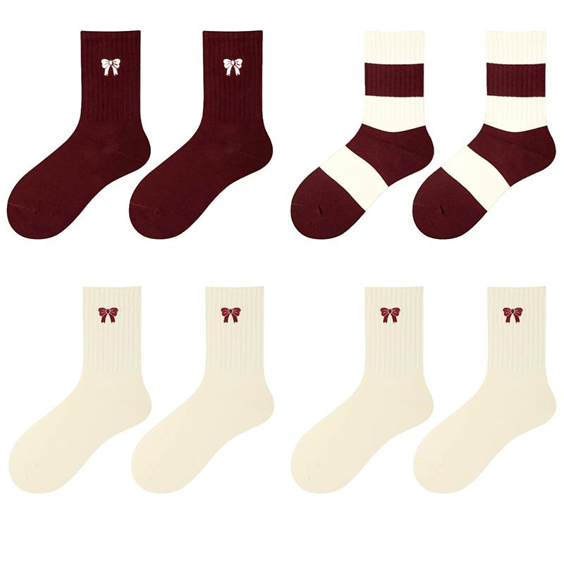 Ancora Women's Mid Tube Pure Cotton Socks Korean Style Bow Embroidery  Warm Breathable Festive New Year Girls Socks