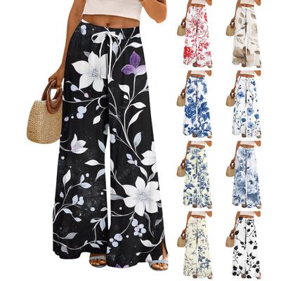Pantaloni Largi pentru Femei cu Bandă Elastică în Talie, Imprimeu, Buzunare Mari, Margine Patchwork, Pantaloni Largi
