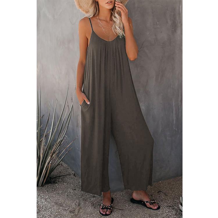 European & American Women's Solid Color Pocket Suspender Jumpsuit