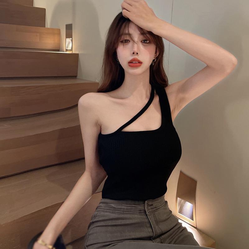 

Вязаные топы на бретелях с нерегулярными плечами, сплошной цвет, женский жилет, вязаная внутренняя одежда, камзол без рукавов One Size