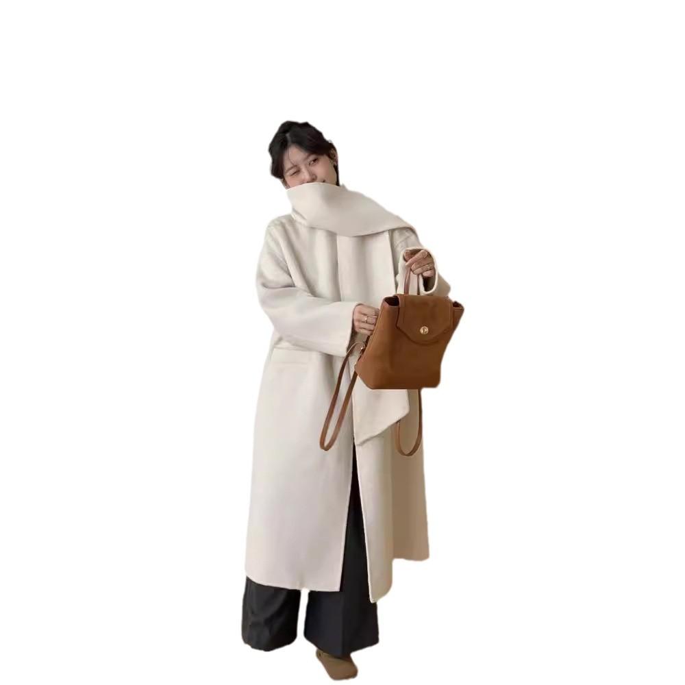 Loose version H version with scarf Loose double-sided wool coat, long thickened warm simple woolen coat