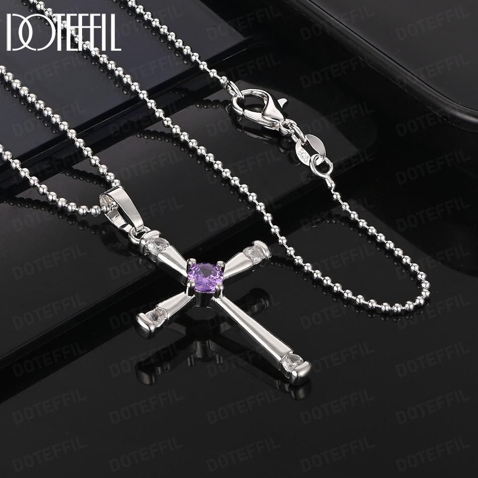 925 Sterling Silver Fashion Necklace With Purple AAA Zircon Cross Pendant Jewelry