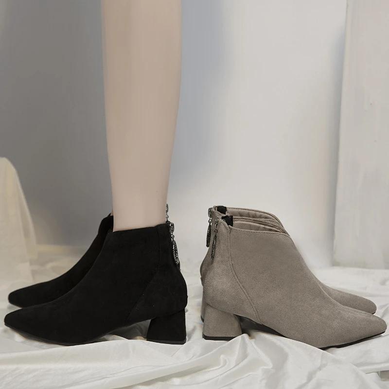 Damenschuhe 2024 Fashion Zipper Damenstiefel Herbst Spitzschuh Feste Kurze Barrel Blockabsatz Nackte Stiefel Zapatos Mujer