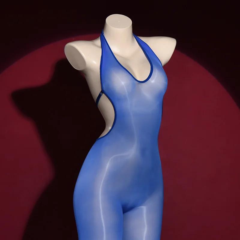 Women Sexy Jumpsuit V Neck Backless Oil Shiny Glossy Stockings Open Crotch Elastic Seamless Pantyhoses Transparent Bodystockings