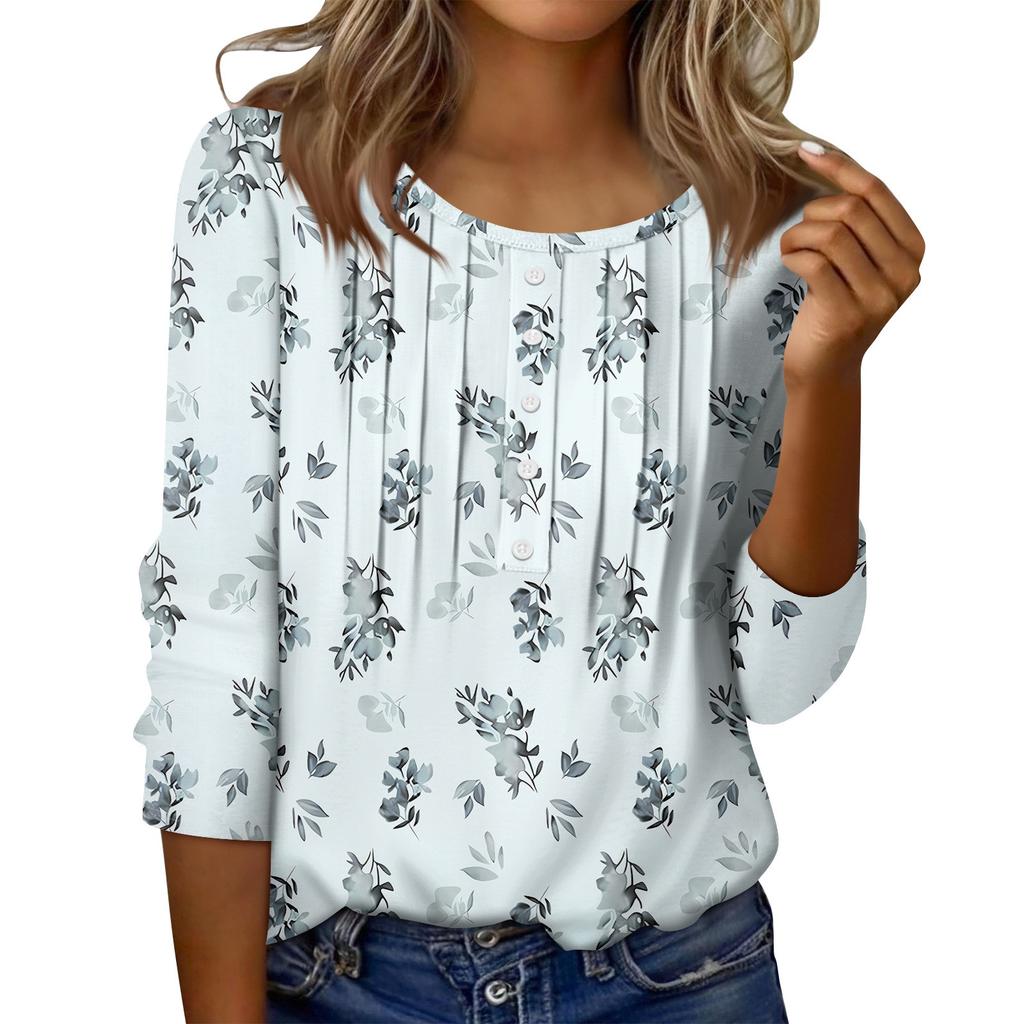 Women's Round Neck Pull Stripe Decorative Button Top Casual Color 3/4 Sleeve T Shirt