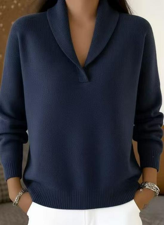 European American Autumn Winter Loose V-neck Lapel Sweater, Solid Color, Long Sleeve, Versatile Knitwear