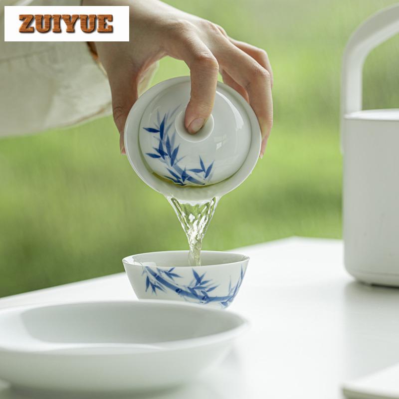 130ml Hand-painted Bamboo Blue And White Gaiwan Antique Tea Tureen Tea Bowl With Lid Kit Tea Maker Cover Bowl Teaset Ornaments