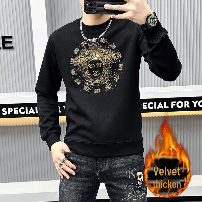 

Мужской европейский роскошный свитшот с круглым вырезом и флисовой подкладкой – Модный, утепленный верх с дизайном из горячих страз L