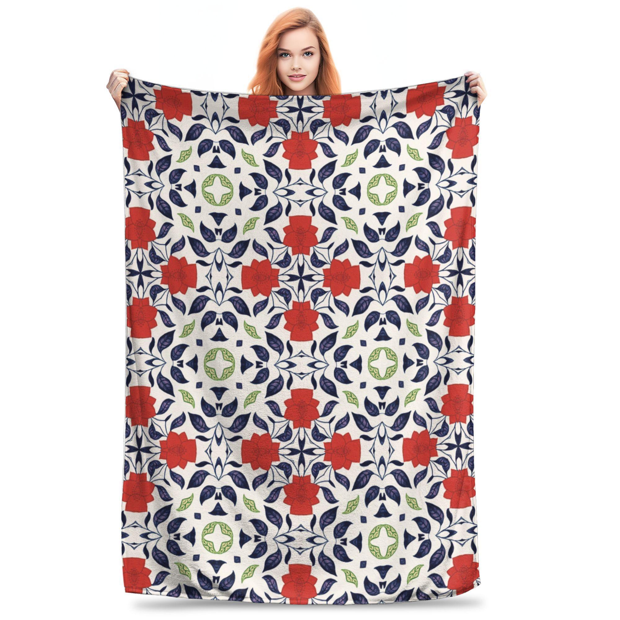

Flannel Throw Blanket Symmetrical Ornamental Tile Floral Pattern In Boho Style Blankets Soft Bedding for Bed Home Travel Sofa 80x120cm