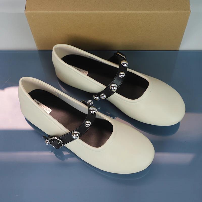 Mode Hohe Qualität Damen Mary Jane Schuhe Ballettstil Runde Zehe 2025 Herbst Leichtes Leder Schuhwerk Nietendekoration Ballerinas für Dame