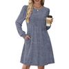 Women's Long Sleeve Pleated Round Neck Solid Color Casual Dress With Pockets