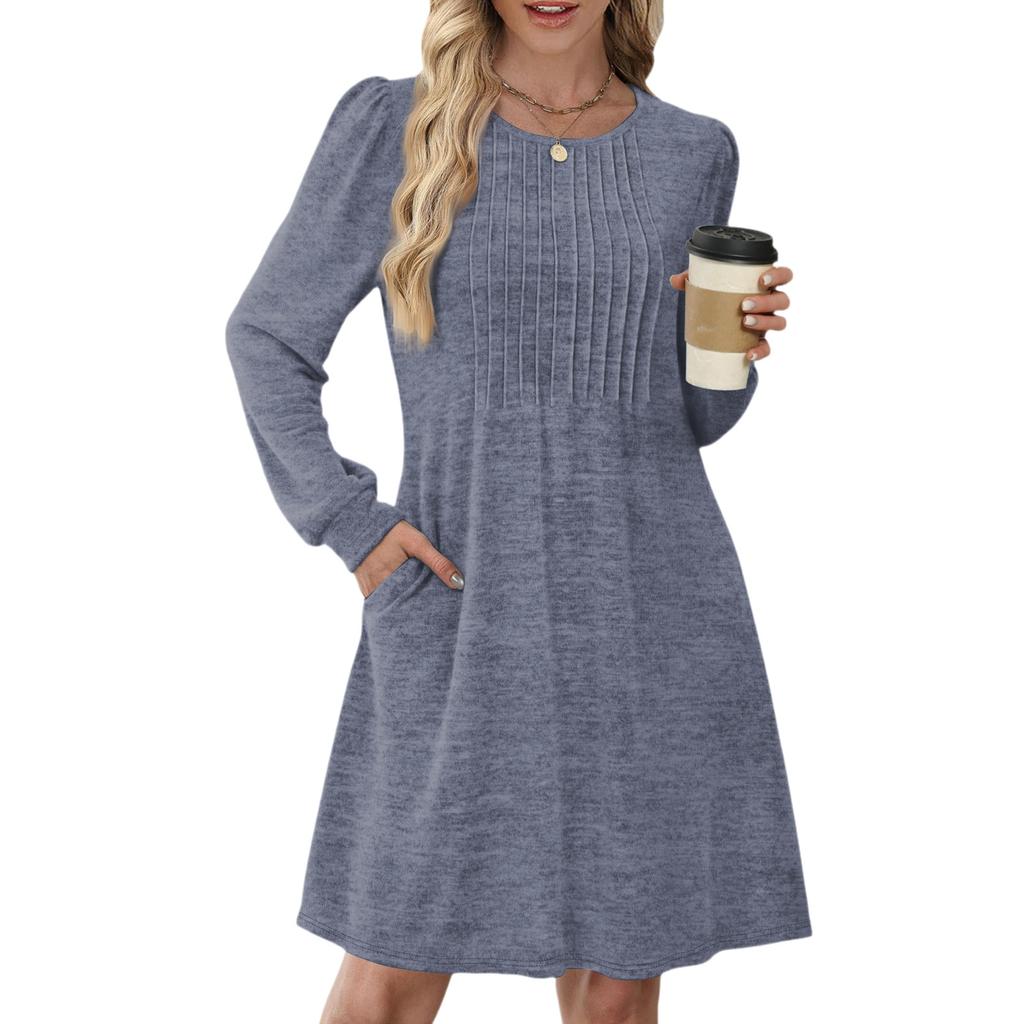 Women's Long Sleeve Pleated Round Neck Solid Color Casual Dress With Pockets