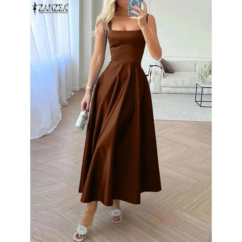 

Solid Color Suspender Waist Cinching Dress Pure Color Sling Waist Dress BROWN L