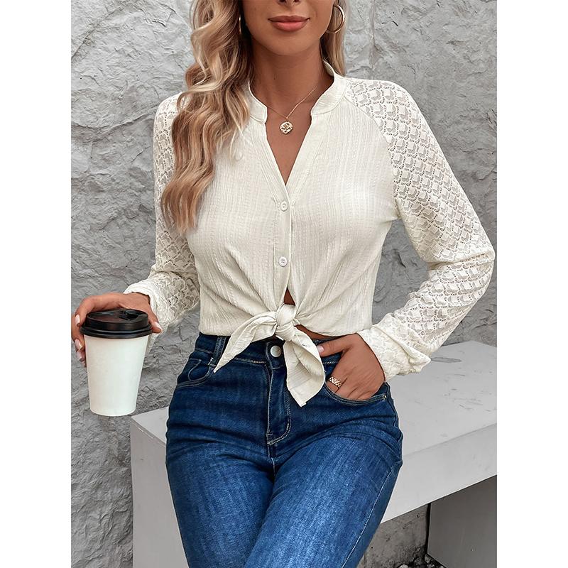 Women s Fashion Solid Color Single Breasted Cardigan Casual Versatile Stand Collar Pleated Lace Long Sleeve Loose Shirt Tops S