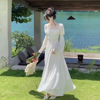 Spring Summer French Square Neck Fairy Dress Princess Dress Slimming Long Sleeve Dress Super Fairy Long White Skirt
