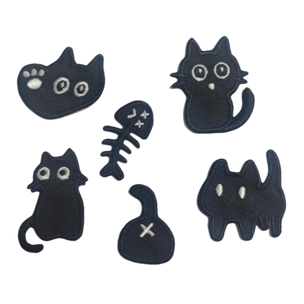 

6 Pcs Cartoon Black Cat Embroidered Patches Creative Self-Adhesive Appliques DIY Craft Decorations A