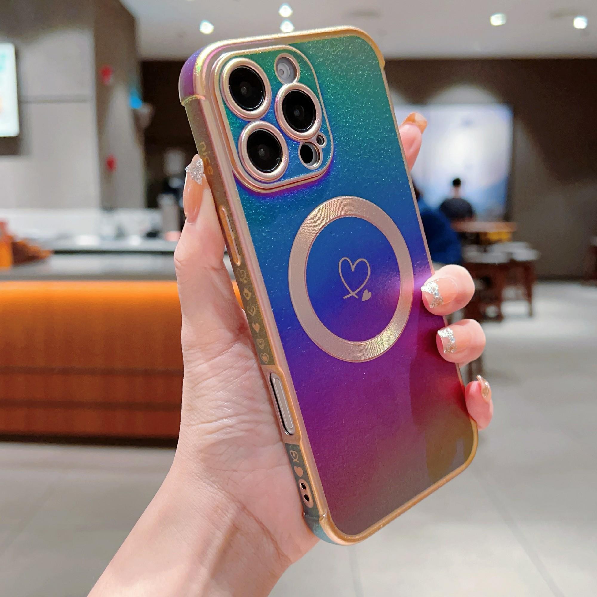 

For iPhone 16 Pro Max Magnetic Case Soft TPU Phone Cover Love Heart Pattern Iridescent Gradient Colorful