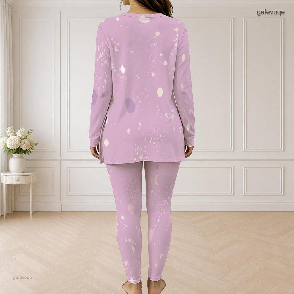 Women Plus Size Light Purple Printed Half Zip Long Sleeve Longline Top Fitted Pants Two Piece Set