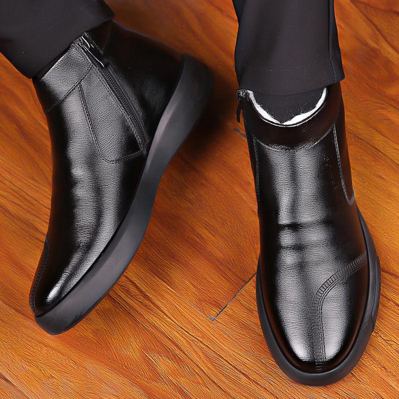 High-top Leather Shoes Cotton Boots Velvet Thickened Warm Black Dirt-resistant Medium Dad Cotton Boots