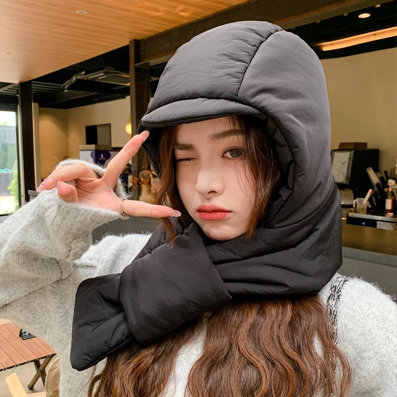 New Winter Hat Scarf Integrated Cold proof Thick Down Hat Riding Ear Protection Hat Northeast Warmth Lei Feng Hat Women