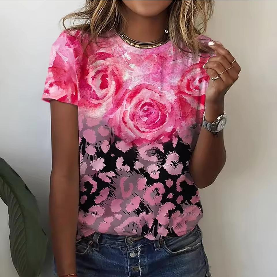 Summer Round Neck Flower Pattern 3D Print Top Fashionable Casual Short Sleeved Women's T-shirts