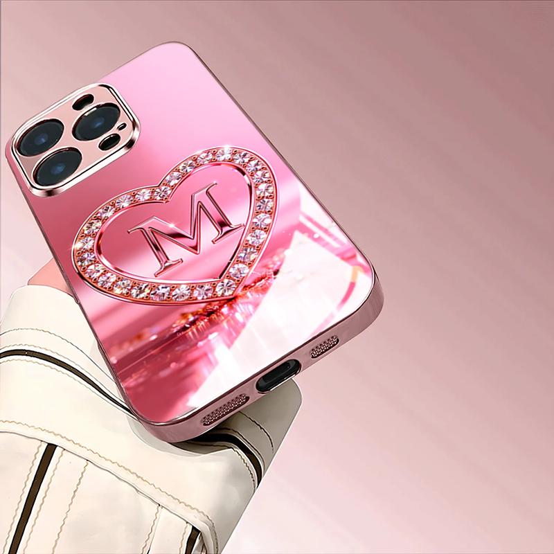 Diamond Love Letter Tempered Glass Phone Case for iPhone 17 Pro Max 11 12 13 Pro 14 15 16 Plus 16E 17Air Lens Protection Cover