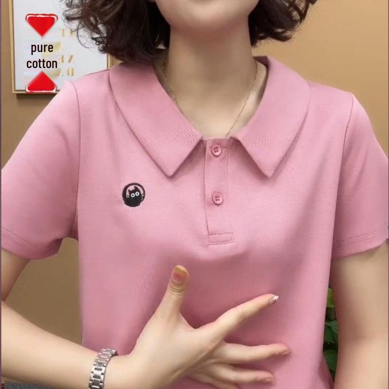 2024 Trendy Tummy-Hiding Polo: Slimming Solid Short Sleeve T-Shirt for Middle-Aged Moms