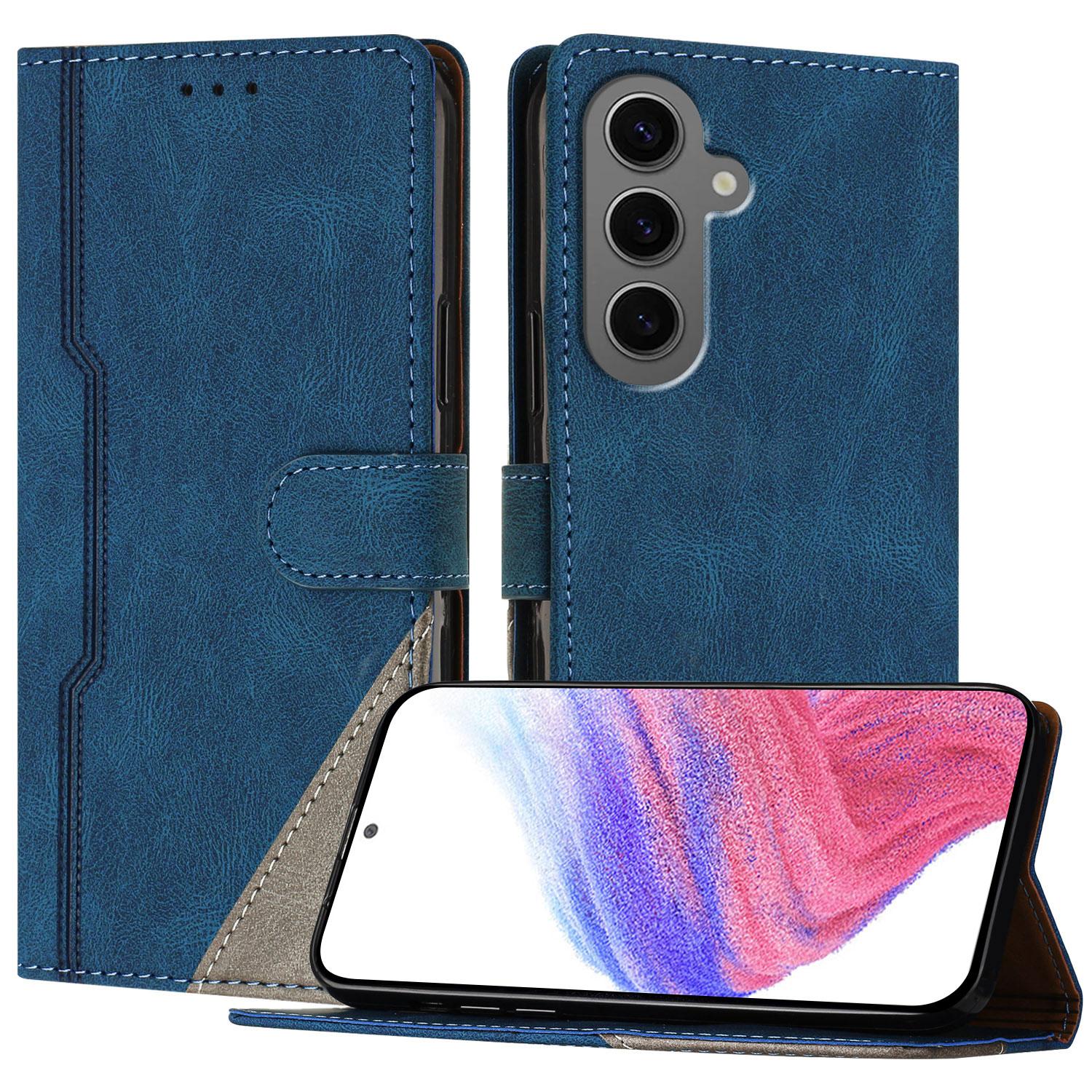 

For Samsung Galaxy S24+ Leather Case Triangle Patchwork Wallet Stand Shockproof Phone Cover Blue