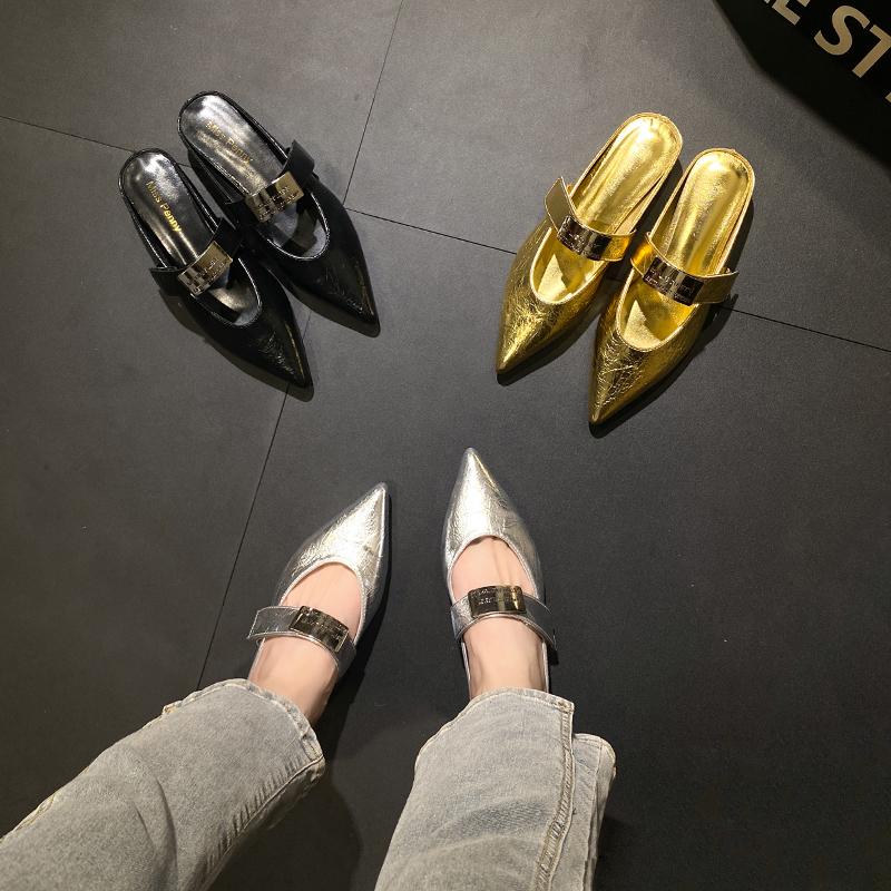 Fashion Spring Autumn 2025 Pointed Toe High Heels Women's French Style Slip-On Strap Shoes Matching Low Rubber Fashionable Slippers