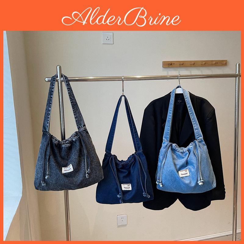 Drawstring Casual Denim Shoulder Bag For Women Soft Material Large Capacity Street Style