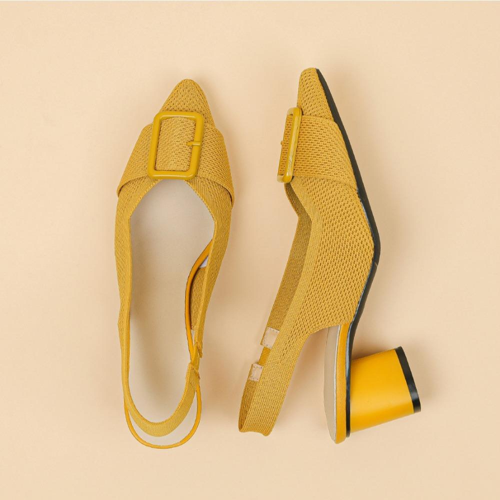 Fashion Sandals for Women 2025 Summer Pointed Shallow Mouth Knitted Hollow Breathable Buckle Thick Heel High-heeled Sandals Women's