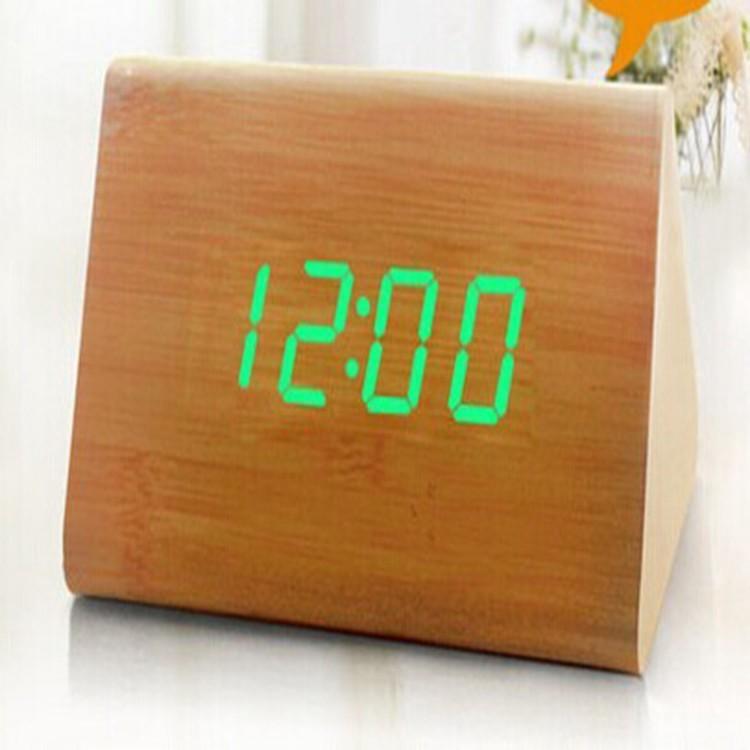 Elegant Imitation Wood Led Display Alarm Digital Triangular Desk Clock With Thermometer