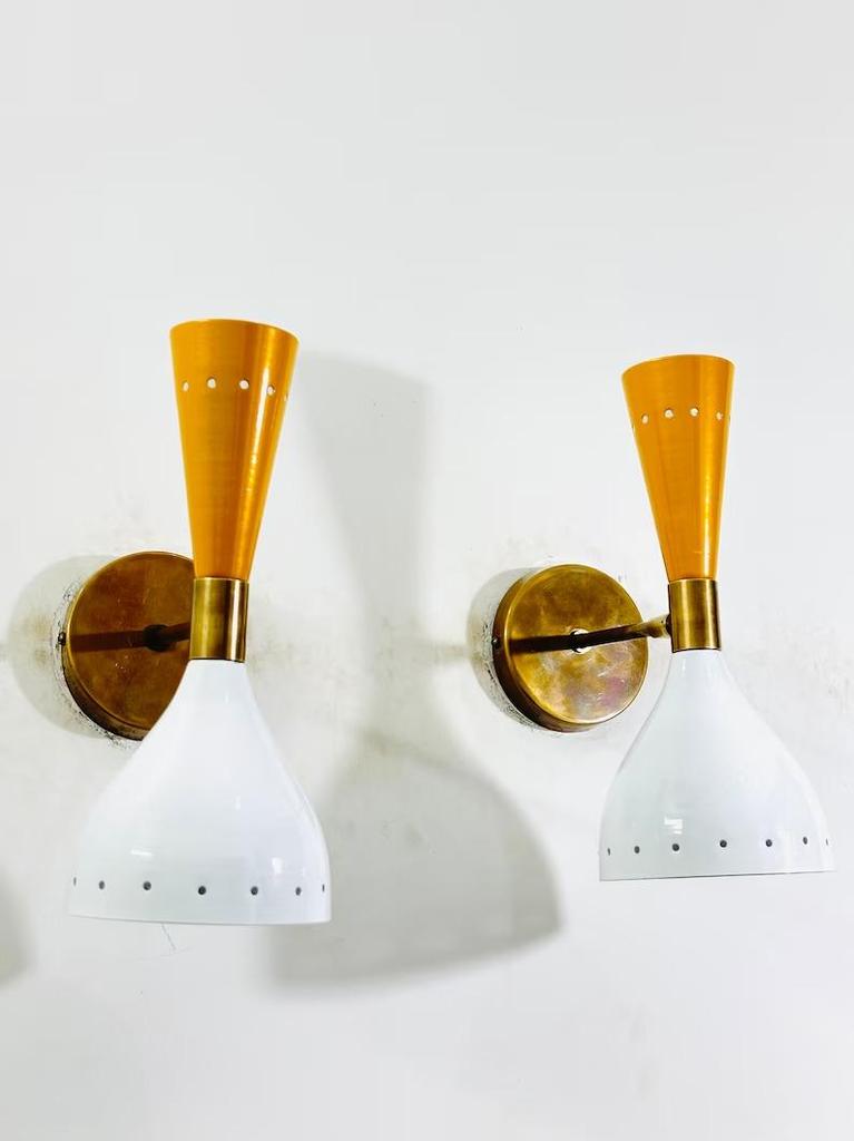 Mid Century Italian Brass Diabolo Wall Sconce Pair - Mustard & White