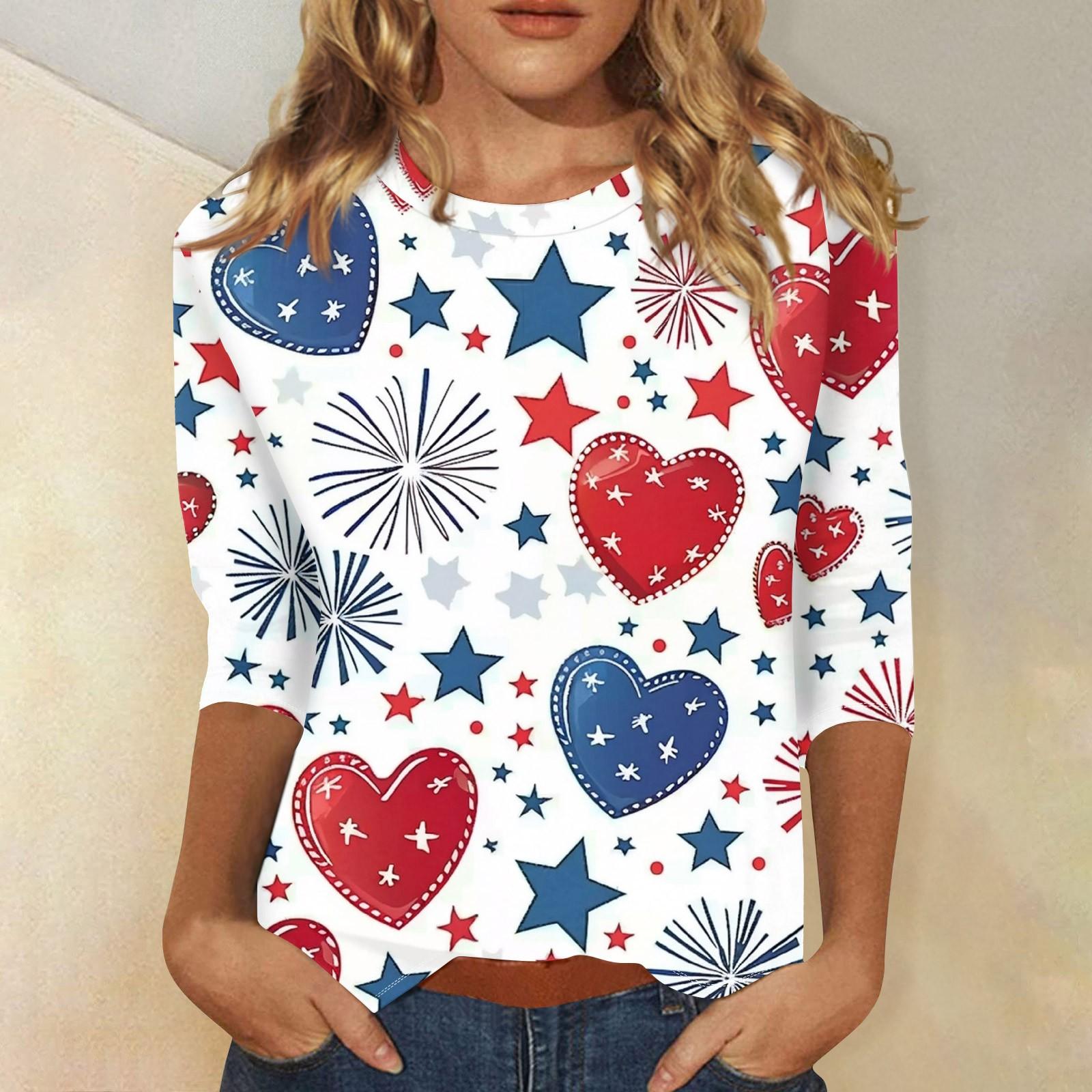 

Women s Fashion Casual Three-quarter Sleeve Independence Day Printed Round Neck Top XL білий