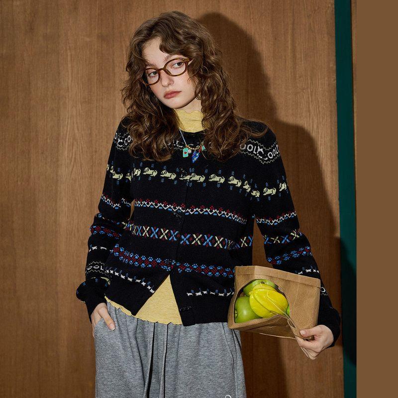 Coolhut Fair Isle Retro Design Jacquard Soft and Lazy Style Autum New Pure Cotton Women's Sweater Cardigan