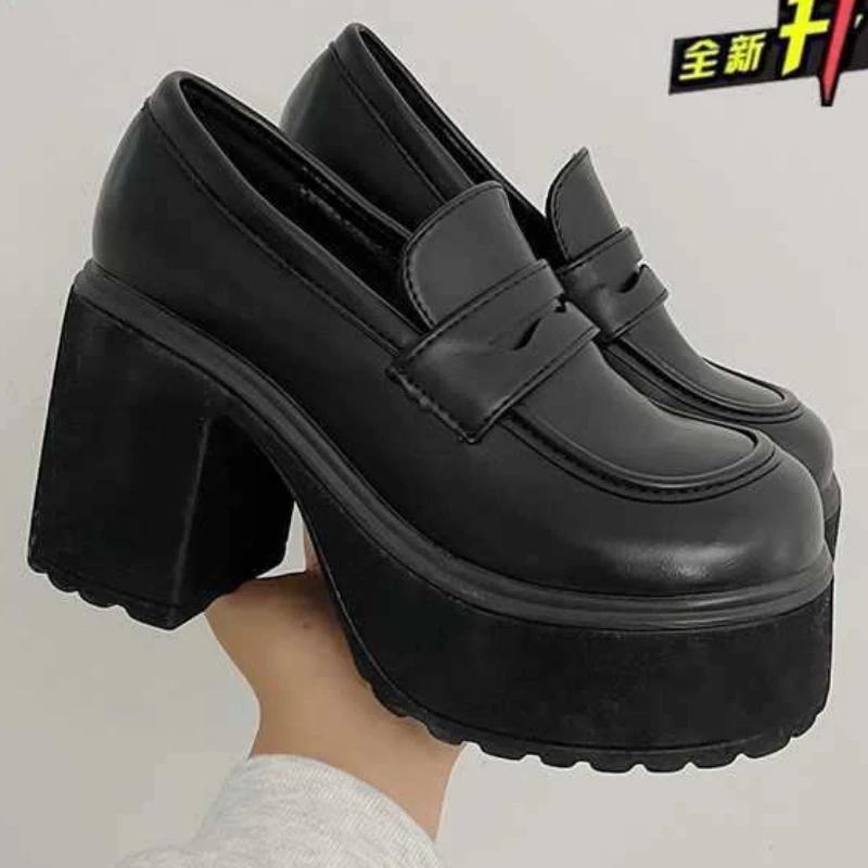 

Женские лоферы на очень высоком каблуке, весна 2024, лакированные кожаные туфли-лодочки на массивной платформе, женские черные туфли без шнуровки Jk, форменная обувь Мэри Джейн 38