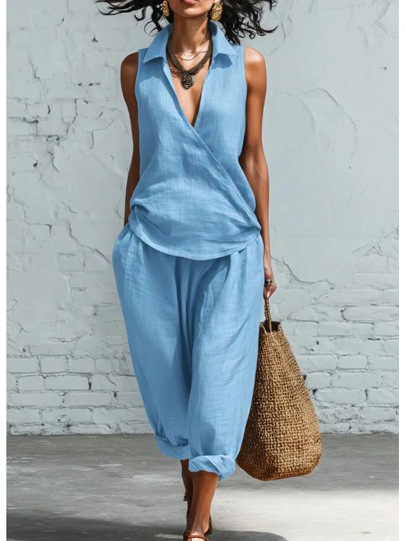 

2026 Spring/Summer Women s Linen Two-Piece Set: Simple Lapel Shirt & Wide-Leg Pants XL світло-синій колір