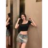 Design Sense Pure Desire Hollow Back Square Neck Short Sleeve T-Shirt Women's Summer Unique Slim Mind Sexy Top