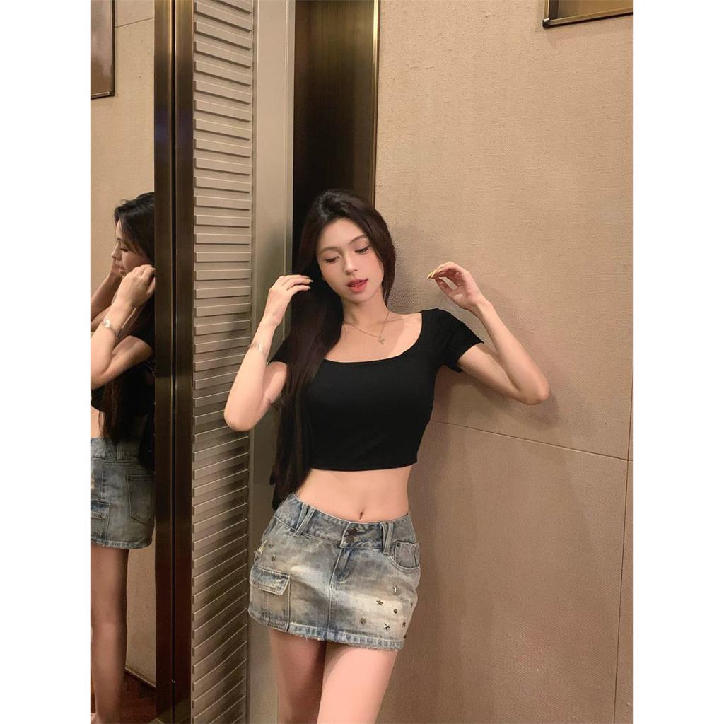 Design Sense Pure Desire Hollow Back Square Neck Short Sleeve T-Shirt Women's Summer Unique Slim Mind Sexy Top